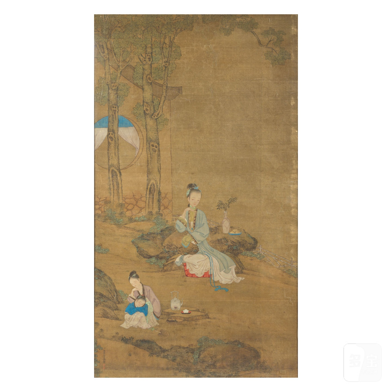 郎世寧（傳） 庭院仕女圖 設色描金絹本 鏡框 | AFTER LANG SHINING (GIUSEPPE CASTIGLIONE, 1688-1766) - 图3